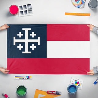 A mockup of the custom flag 'USA Crusade flag' held up on a table during print checking