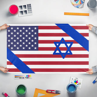 A mockup of the custom flag 'USI flag' held up on a table during print checking