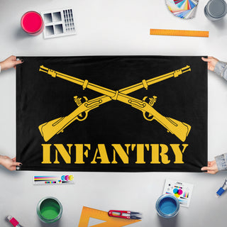 A mockup of the custom flag 'U.S Army Infantry Branch flag' held up on a table during print checking