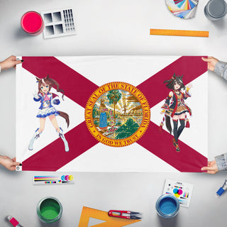 A mockup of the custom flag 'Umamusume Florida flag' held up on a table during print checking