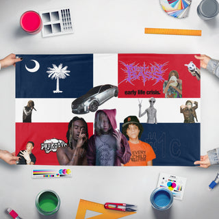 A mockup of the custom flag 'Underground  flag' held up on a table during print checking