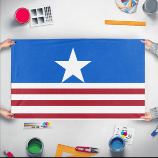 A mockup of the custom flag 'United States of canada flag' held up on a table during print checking
