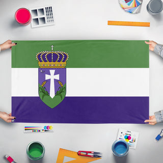 A mockup of the custom flag 'Velaria Flag' held up on a table during print checking