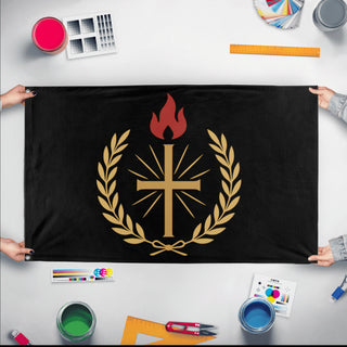 A mockup of the custom flag 'Vexism flag' held up on a table during print checking