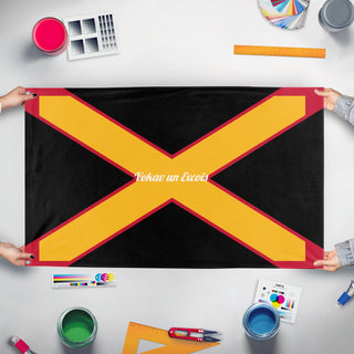 A mockup of the custom flag 'Vokav un Excois flag' held up on a table during print checking