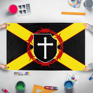 A mockup of the custom flag 'WAL flag' held up on a table during print checking
