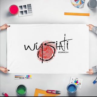 A mockup of the custom flag 'WYSIATI Zurich flag' held up on a table during print checking