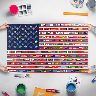 A mockup of the custom flag 'We Are The World flag' held up on a table during print checking
