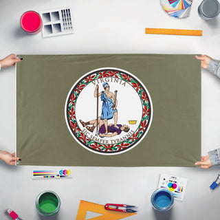 A mockup of the custom flag 'Whistlepig VA flag' held up on a table during print checking