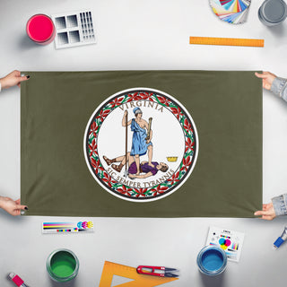 A mockup of the custom flag 'Whistlepig Virginia State flag' held up on a table during print checking