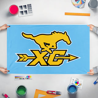 A mockup of the custom flag 'XC flag' held up on a table during print checking