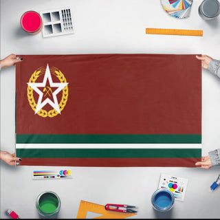 A mockup of the custom flag 'Xeroist Republic of Zilatra flag' held up on a table during print checking