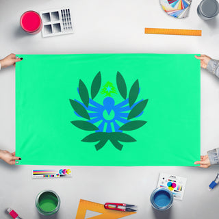A mockup of the custom flag 'Zafar flag' held up on a table during print checking