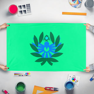 A mockup of the custom flag 'Zafar flag' held up on a table during print checking