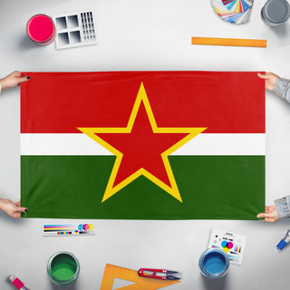 A mockup of the custom flag 'Zaslavie flag' held up on a table during print checking