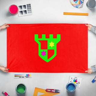 A mockup of the custom flag 'Zayne flag' held up on a table during print checking