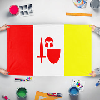 A mockup of the custom flag 'aalst flag' held up on a table during print checking