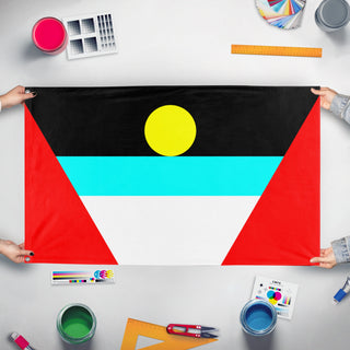A mockup of the custom flag 'antigua y Barbuba flag' held up on a table during print checking