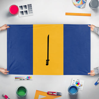 A mockup of the custom flag 'barbados flag' held up on a table during print checking