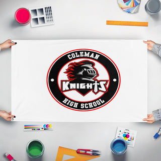A mockup of the custom flag 'cm flag' held up on a table during print checking