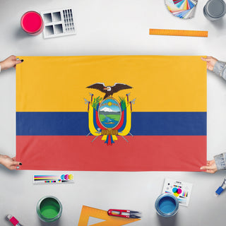 A mockup of the custom flag 'ecuador flag' held up on a table during print checking