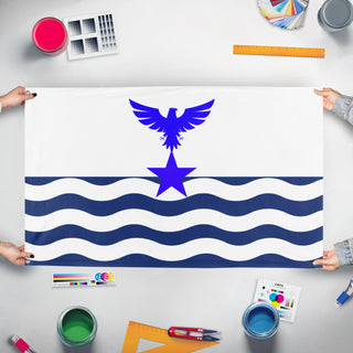 A mockup of the custom flag 'kiribati blueprint flag' held up on a table during print checking