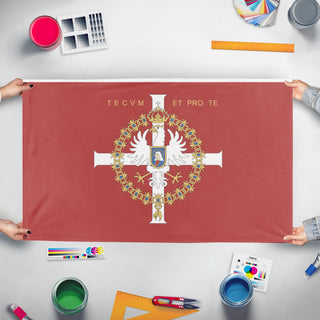 A mockup of the custom flag 'korona flag' held up on a table during print checking