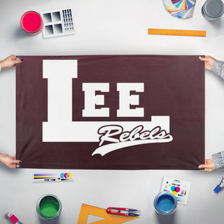 A mockup of the custom flag 'lee flag' held up on a table during print checking