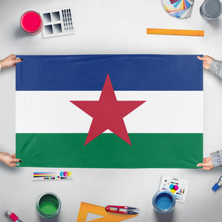 A mockup of the custom flag 'lynnwood  peoples republic flag' held up on a table during print checking