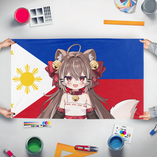 A mockup of the custom flag 'm flag' held up on a table during print checking
