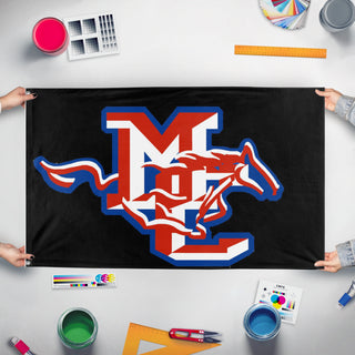 A mockup of the custom flag 'mch flag' held up on a table during print checking
