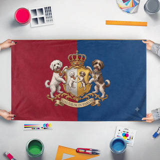 A mockup of the custom flag 'm&f flag' held up on a table during print checking