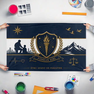 A mockup of the custom flag 'myself flag' held up on a table during print checking
