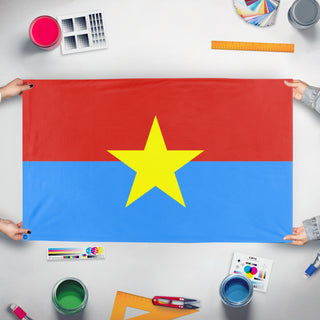 A mockup of the custom flag 'north vietnam flag' held up on a table during print checking