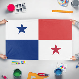A mockup of the custom flag 'panama flag' held up on a table during print checking