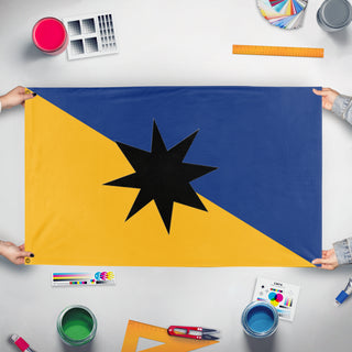 A mockup of the custom flag 'principality of equina flag' held up on a table during print checking