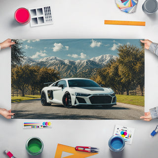 A mockup of the custom flag 'r8 flag' held up on a table during print checking