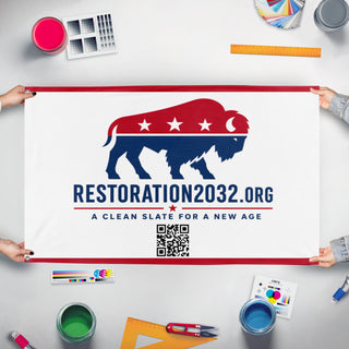 A mockup of the custom flag 'res flag' held up on a table during print checking