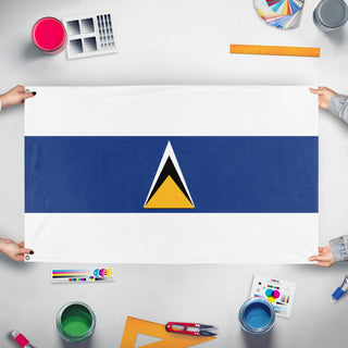 A mockup of the custom flag 'santa lucia flag' held up on a table during print checking