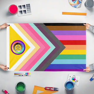A mockup of the custom flag 'snygg flag' held up on a table during print checking
