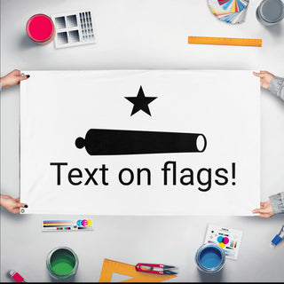 A mockup of the custom flag 'test 121 flag' held up on a table during print checking