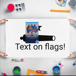 A mockup of the custom flag 'test flag' held up on a table during print checking