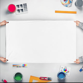 A mockup of the custom flag 'test flag' held up on a table during print checking