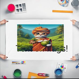 A mockup of the custom flag 'testing  flag' held up on a table during print checking