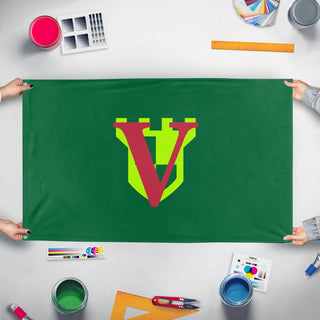 A mockup of the custom flag 'the republic of James  flag' held up on a table during print checking