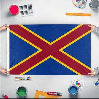 A mockup of the custom flag 'undefined flag' held up on a table during print checking