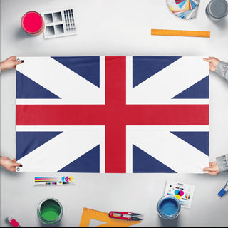 A mockup of the custom flag 'undefined flag' held up on a table during print checking