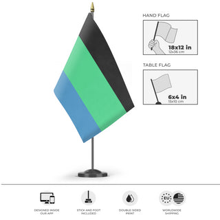 A mockup of the custom flag 'Faiterian Order 1.0 flag' as a desk flag and small hand waving flag