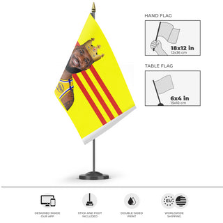 A mockup of the custom flag 'tg flag' as a desk flag and small hand waving flag