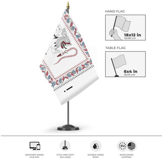 A mockup of the custom flag 'test gg flag' as a desk flag and small hand waving flag